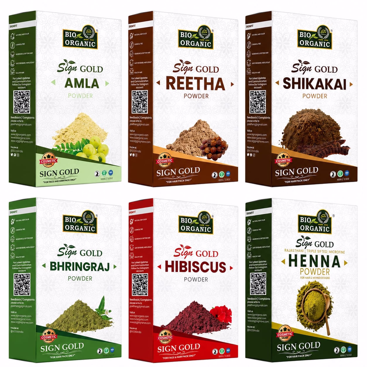amla areetha shikakai bhringraj hibiscus henna pack of 6 Sign Gold 6-in-1 Herbal Hair Powder Combo | Amla, Aritha, Shikakai, Bhringraj, Henna & Hibiscus Powder for Healthy Hair Growth Nature's Complete Hair Care Solution - Image 1