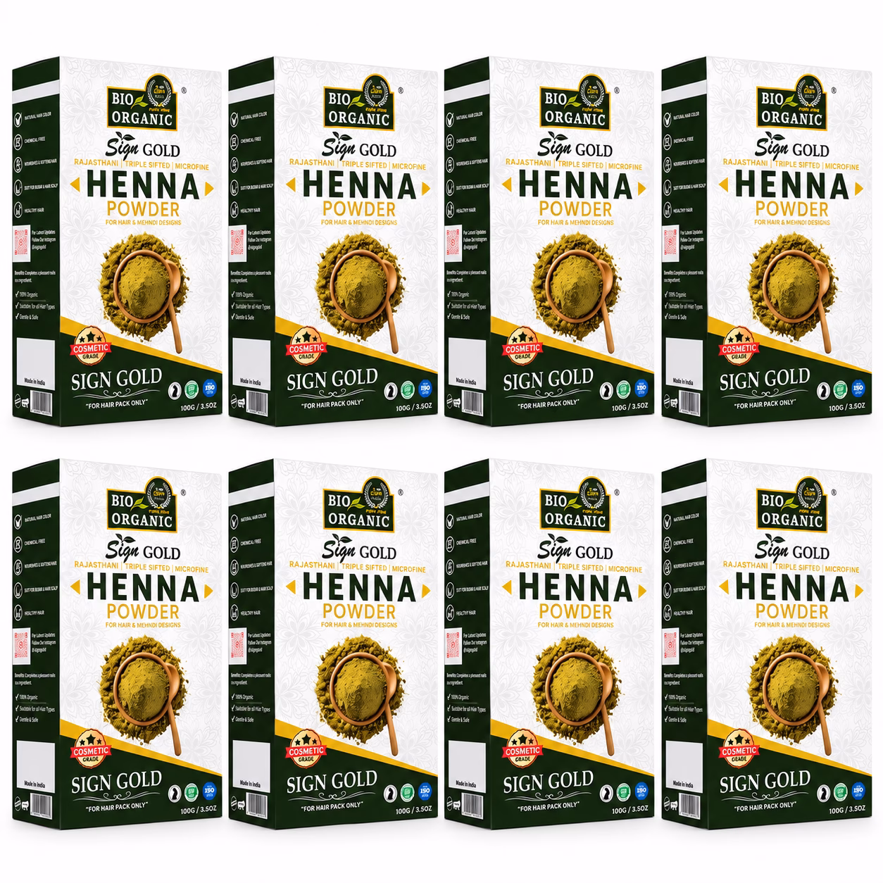 Organic Henna Powder for Hair Dye | Pack of 8 × 100g | Sign Gold Organic Henna Powder for Hair Dye | Pack of 8 × 100g | Sign Gold